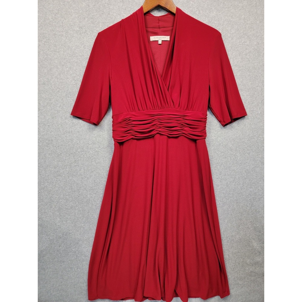EVAN PICONE Midi Red Dress V-Neck Surplice Ruched Waist Stretch Packable Size 12